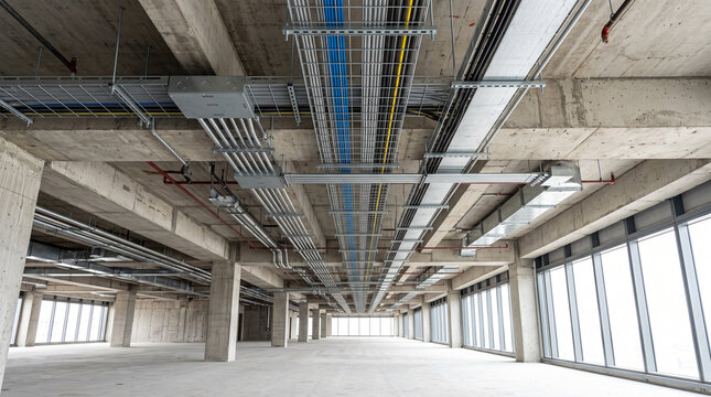 Modern unfinished commercial office ceiling with exposed HVAC ducts and lighting infrastructure