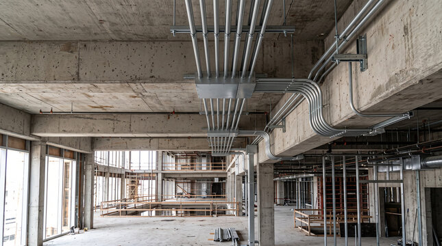 Modern industrial construction site with exposed concrete ceiling and neatly installed electrical conduits and wiring