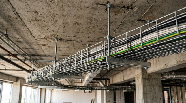 Industrial electrical conduit system installation in unfinished commercial building with green wiring
