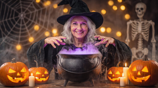 Senior woman dressed as a witch conjuring a magical spell over a smoking purple cauldron with glowing jack-o-lantern pumpkins, candles and skeleton, spooky Halloween scene
