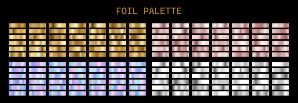Gold Foil Palette. Copper Foil and iridescent swatch degrade. Set of shiny Gold, polished silver, rose gold and holographic backgrounds. Vector illustration.