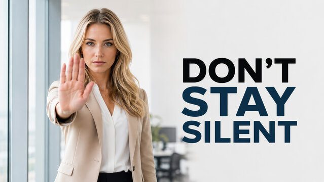 Don&rsquo;t Stay Silent Workplace Harassment Awareness with Businesswoman Stop Gesture