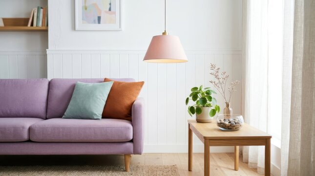 A comfortable lilac fabric sofa positioned next to a wooden side table with a vibrant green potted plant sits under a soft hanging pendant light fixture in this brightly illuminated living room