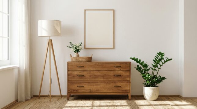 A wooden chest of drawers stands gracefully alongside a tall tripod floor lamp and a vibrant green potted plant beneath an empty picture frame mounted upon the wall in this sunlit living room