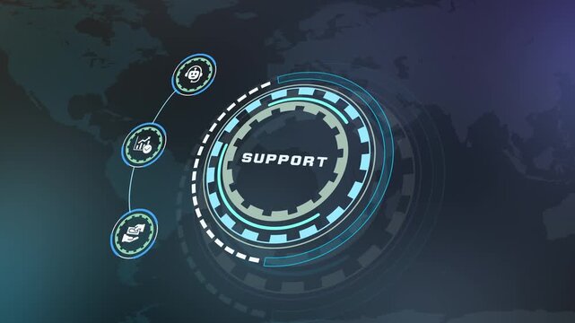 Futuristic customer support technology concept featuring connected assistance, digital communication, service management, helpdesk solutions and business workflow.
