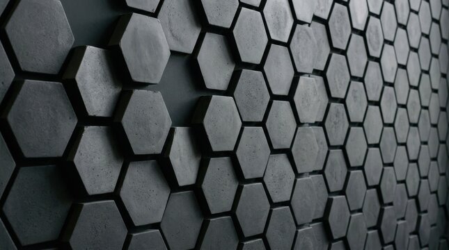 A perspective view shows an architectural wall surface featuring numerous dark hexagonal blocks arranged in a repetitive geometric pattern that creates a sense of depth and tactile industrial