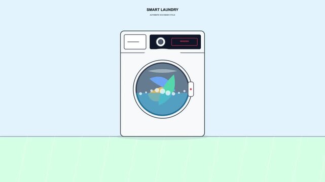 5 Second Smart Laundry Animation of Automatic Washing Machine Cleaning Cycle Spinning Clothes in 4K