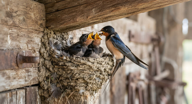 Barn swallow parent feeding chicks in mud nest inside a rustic wooden barn