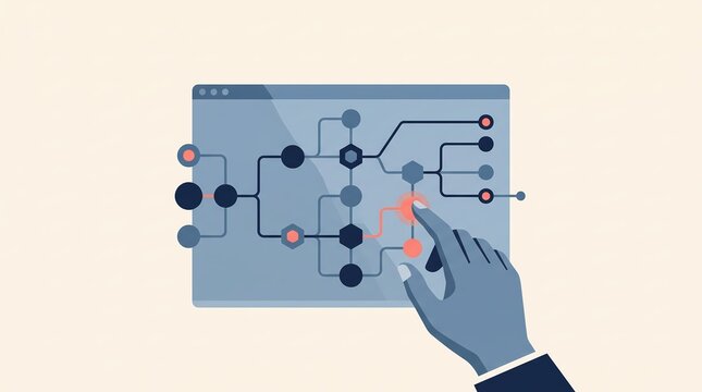 human hand interacting with ai neural network flowchart dashboard digital illustration - ai generated