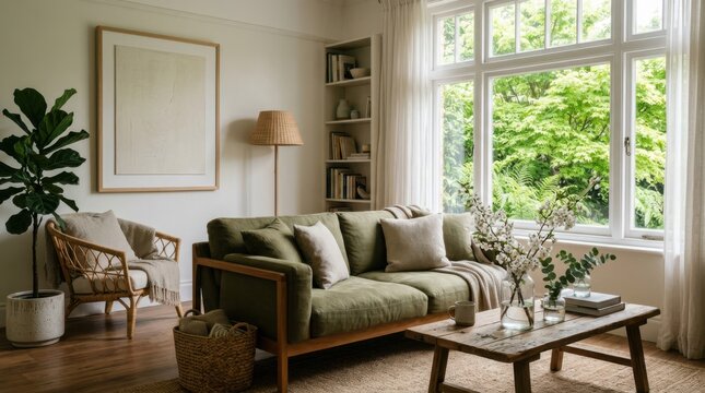 A serene living room interior features a plush olive green couch placed near a sunny window with lush garden views, incorporating natural wood furnishings and cozy textiles for a relaxed home