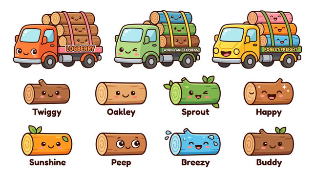 Cute Cartoon Logging Trucks & Happy Wood Logs Characters Isolated