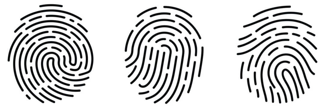 Fingerprint icons featuring biometric thumbprint scan symbols for security, identity verification, authentication, police, access control, and digital protection