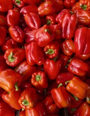Full frame top down view of ripe red bell peppers stacked closely together at a market. © Baa