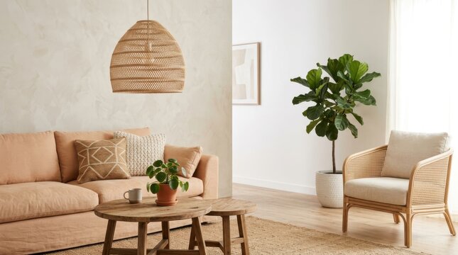 Natural sunlight illuminates this comfortable living area featuring a plush beige sofa and rattan armchair positioned within a warm organic dwelling space with decorative textures and greenery