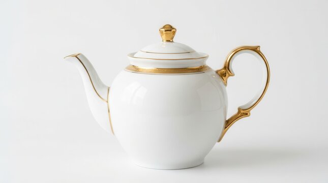 A traditional porcelain teapot featuring a gold rim and handle serves as an essential vessel for brewing premium hot tea leaves during formal afternoon gatherings hosted within a domestic