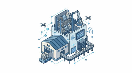 Fototapeta premium Isometric Smart Factory Illustration with Industrial Automation and Technology Icons.