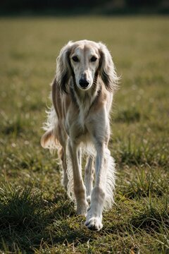 Saluki dog trots through green grass field. Elegant purebred hound walks towards camera in sunny park. Long haired sighthound pet moves with grace. Slim canine mammal enjoys outdoor exercise on