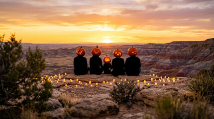 Fototapeta premium People with glowing pumpkin heads sitting on cliff edge overlooking desert canyon during sunset for halloween holiday landscape.