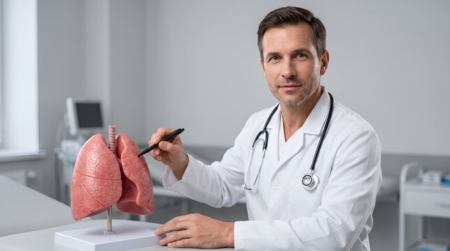Portrait of a confident pulmonologist pointing at a human lung anatomy model in a medical workspace