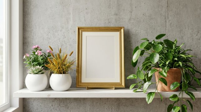 A golden vertical picture frame rests upon a wooden shelf alongside vibrant potted greenery and blooming botanical arrangements against a textured gray wall surface within an indoor residential