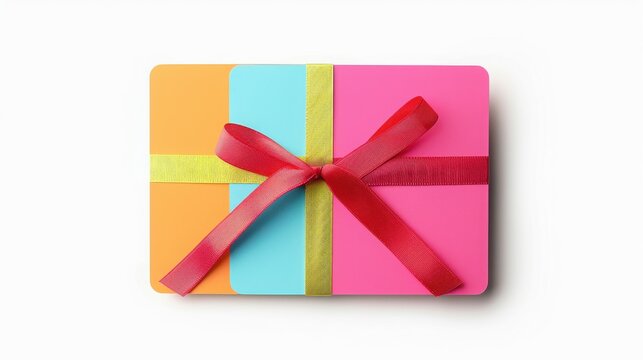 Gift cards stacked in vibrant pink, blue, and orange tones are wrapped neatly with a festive red ribbon and bow.