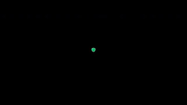 Green metallic shield with a silver check mark appears and glints in a smooth 4K 3D looping animation on a transparent background, representing cybersecurity, safety approval, and trusted protection.