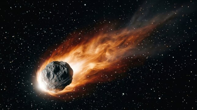 A massive rocky asteroid streaks through the vast dark cosmos while leaving a glowing trail of burning orange flames as it travels across the cold and infinite expanse of our deep star system