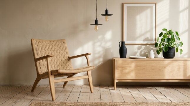 A comfortable wooden lounge chair sits near a natural timber sideboard featuring a lush green houseplant and artistic decor items within a sunlight drenched residential living room interior