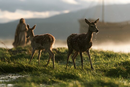 Two young deer walk in a dewy field after the flood, with noahs ark and a human figure in the misty distance