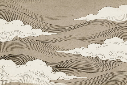 A monochrome line art illustration of traditional stylized clouds and waves in classic Asian design style.