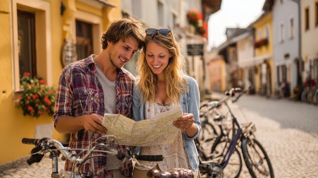 Couple looks at map while standing beside bicycles in a street on a sunny day in a small town in Europe