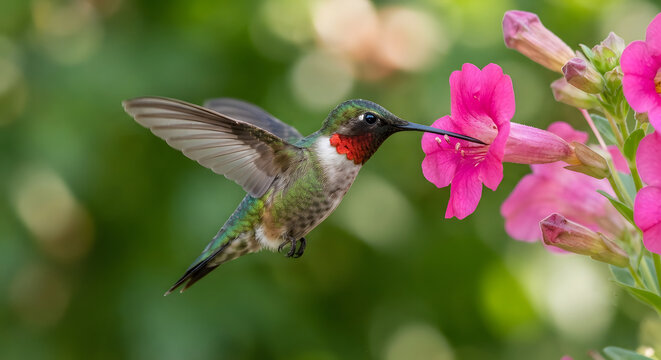 Rubythroated hummingbird hovering near a vibrant pink trumpet vine flower
