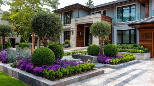 Beautiful landscape design enhances the entrance of a modern home with plants, shrubs, and flowers in a garden setting