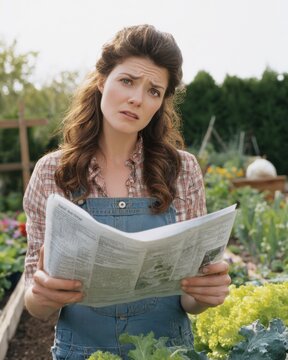 Gardener reads newspaper in vegetable garden during sunny afternoon in springtime
