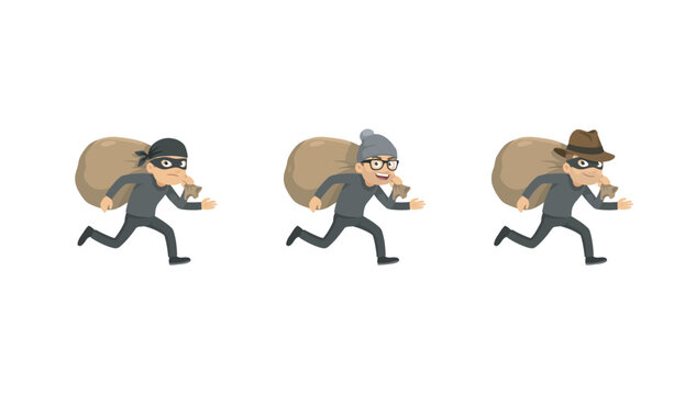 Three cartoon robbers with different headwear running with stolen money bags over their shoulders on white background.