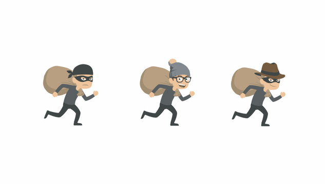 Three running cartoon robbers wearing masks and hats carrying big brown money bags.