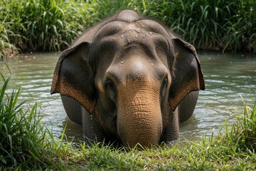 Naklejka premium Sumatran elephant calf stands in shallow water near grassy bank. Gentle giant drinks from calm river surrounded by green foliage. Wild animal enjoys refreshing bath in natural habitat.