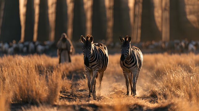 Two zebras walking in golden light toward noahs ark at sunset with herd and builder in biblical landscape