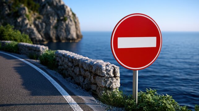 A red no entry sign positioned beside a winding coastal road with a serene ocean backdrop