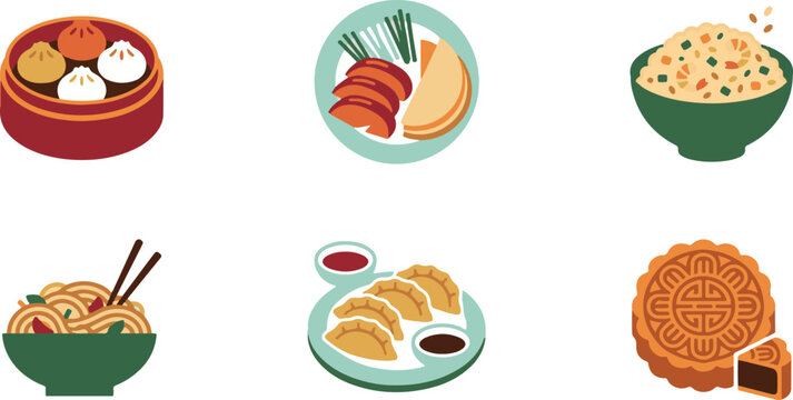 Traditional Chinese Dim Sum and Cuisine Flat Vector Icon Set
