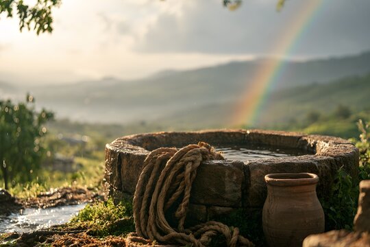 Stone well with rope and jug, rainbow over rolling hills