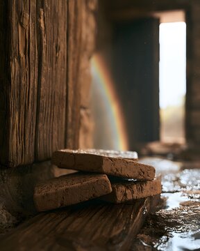 Ancient clay tablets with cuneiform script, wet and weathered, with a rainbow in the background