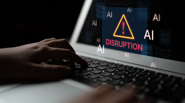 Disruption warning future of work, featuring AI agents replacing human jobs. Represents labor unemployment, corporate automation cost shift, and need for new career reskilling and upskilling. Corpus