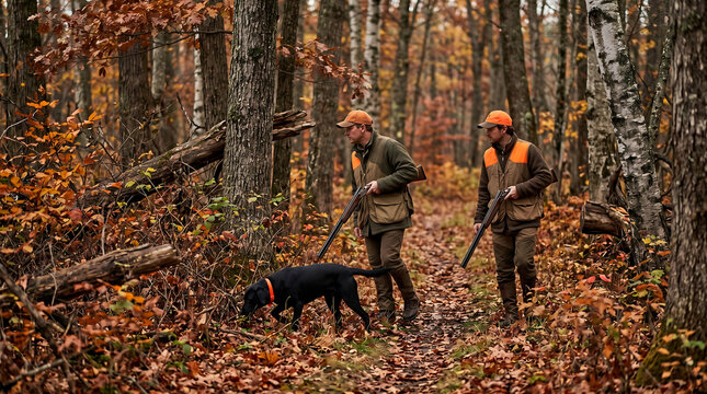 Hunters searching for game birds in autumn woodland with dog Generative AI.