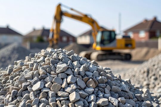 A pile of crushed stone in the foreground with an out of focus excavator at a residential site.