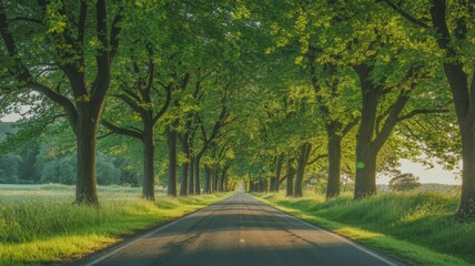 Fototapeta premium Sunlit Green Countryside Road Lined with Tall Trees and Grass Pasture Under Blue Sky in Spring