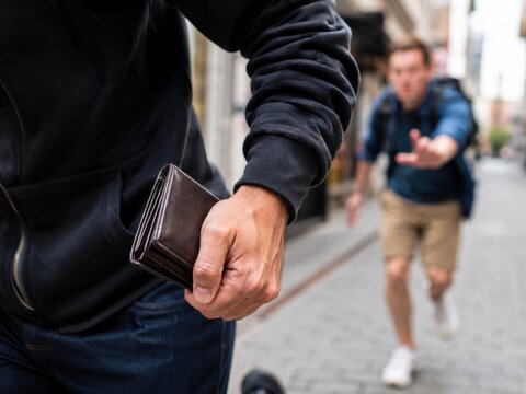 A close-up of a person holding a stolen brown wallet while a victim chases them down a city street.