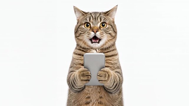 Shocked Tabby Cat Reacting to Smartphone on White Background