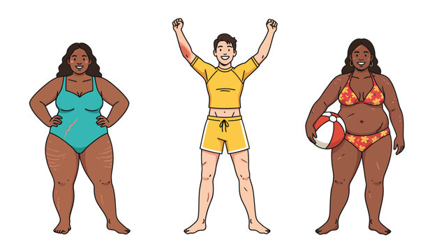 Diverse group of people in swimwear celebrating summer and body positivity at the beach.