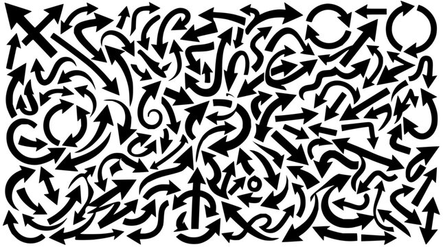 Arrows set with chaotic arrangement featuring direction, movement, complexity with overlapping and intertwined shapes